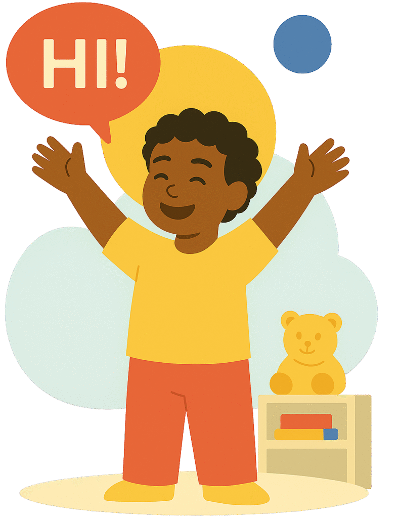 Speech therapy in Atlanta - a child standing triumphantly saying HI!