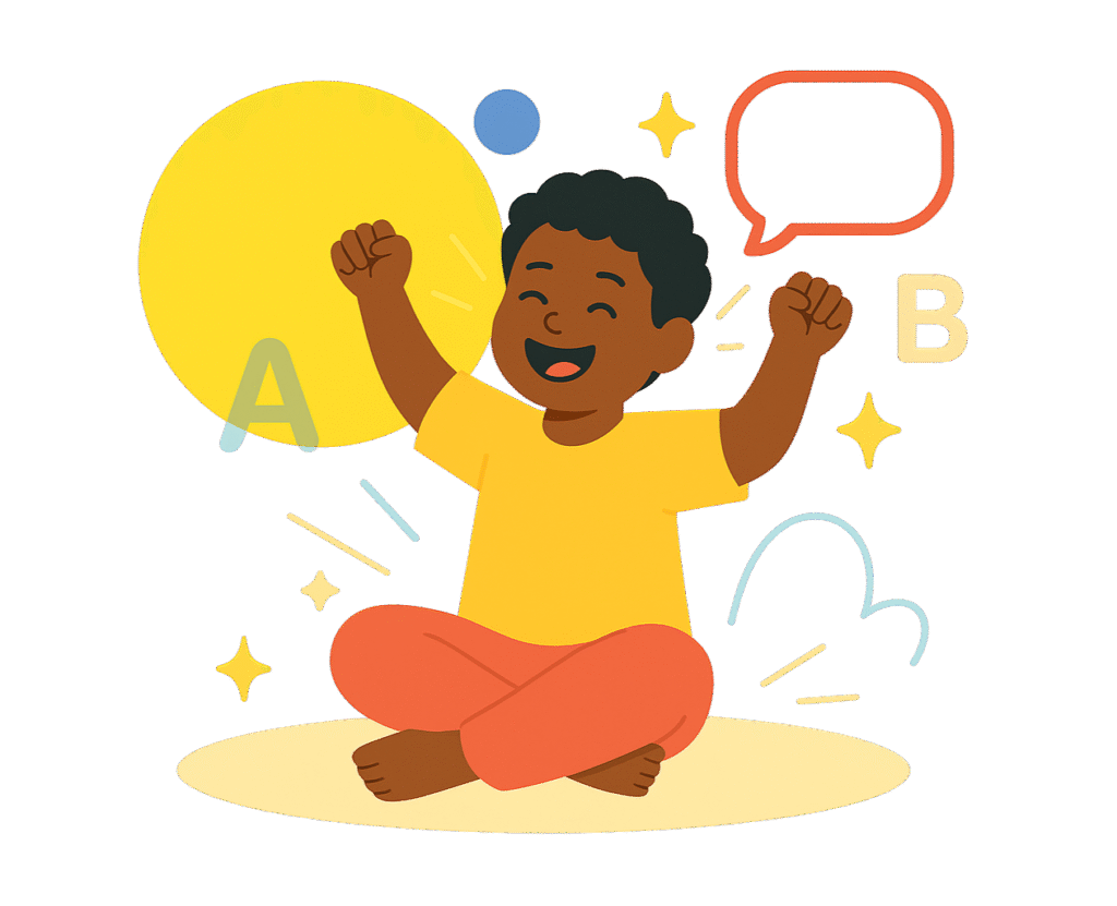 pediatric speech therapist - a child sitting triumphantly with hands raised