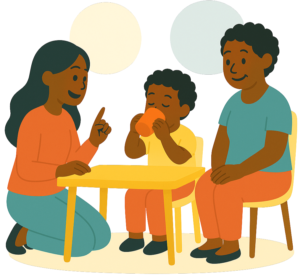 therapist instructing child on best drinking practice while his mother sits behind