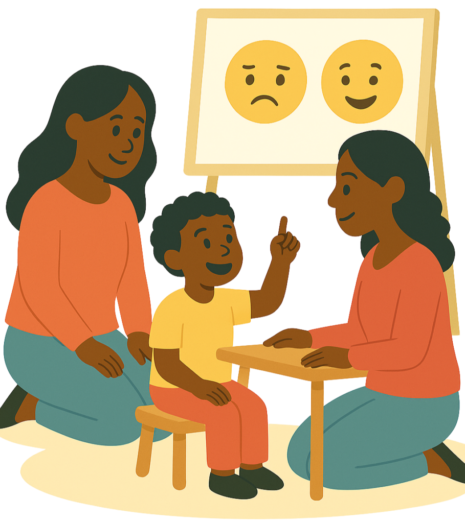 child pointing at a board while mother and therapist watching