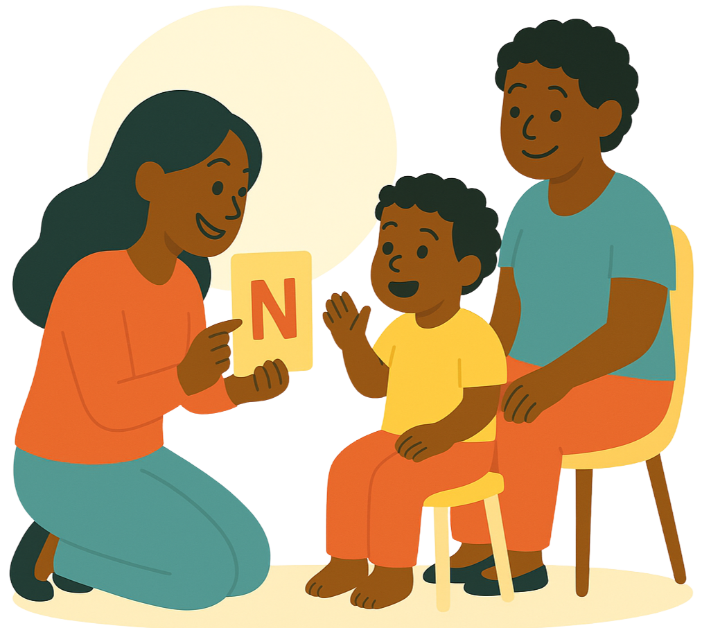 A boy sounding out a letter card held by the therapist as mother sits behind