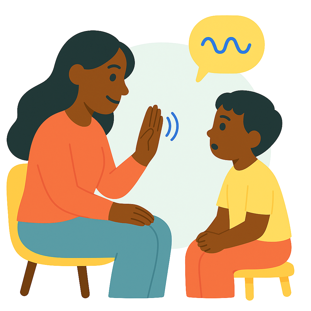 Pediatric stutter therapy session. Therapist working with child.