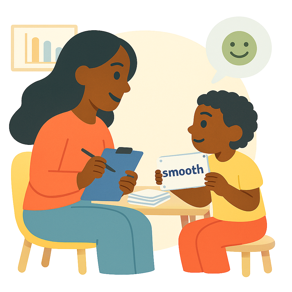 Pediatric stutter therapy session. Therapist working with child.