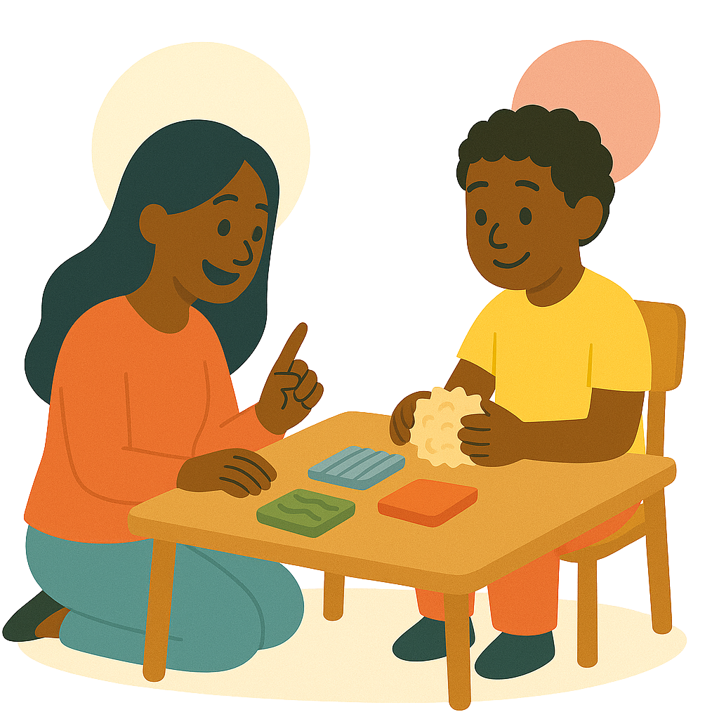 boy seated at a table working with a textured object as therapist instructs