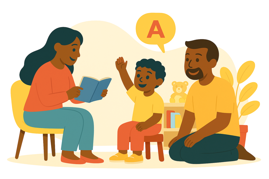 child raising hand with therapist and observing father during a child language therapy session