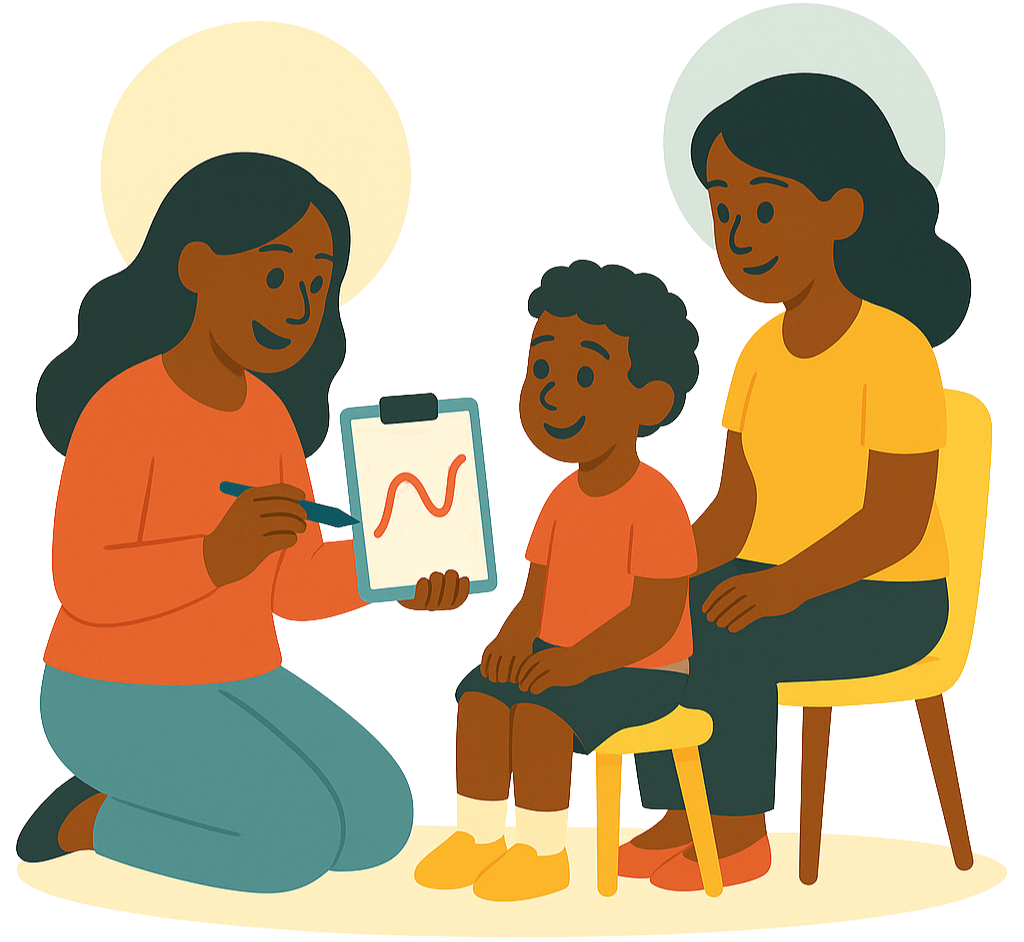 therapist holding a clipboard providing an explanation to a mother and her son