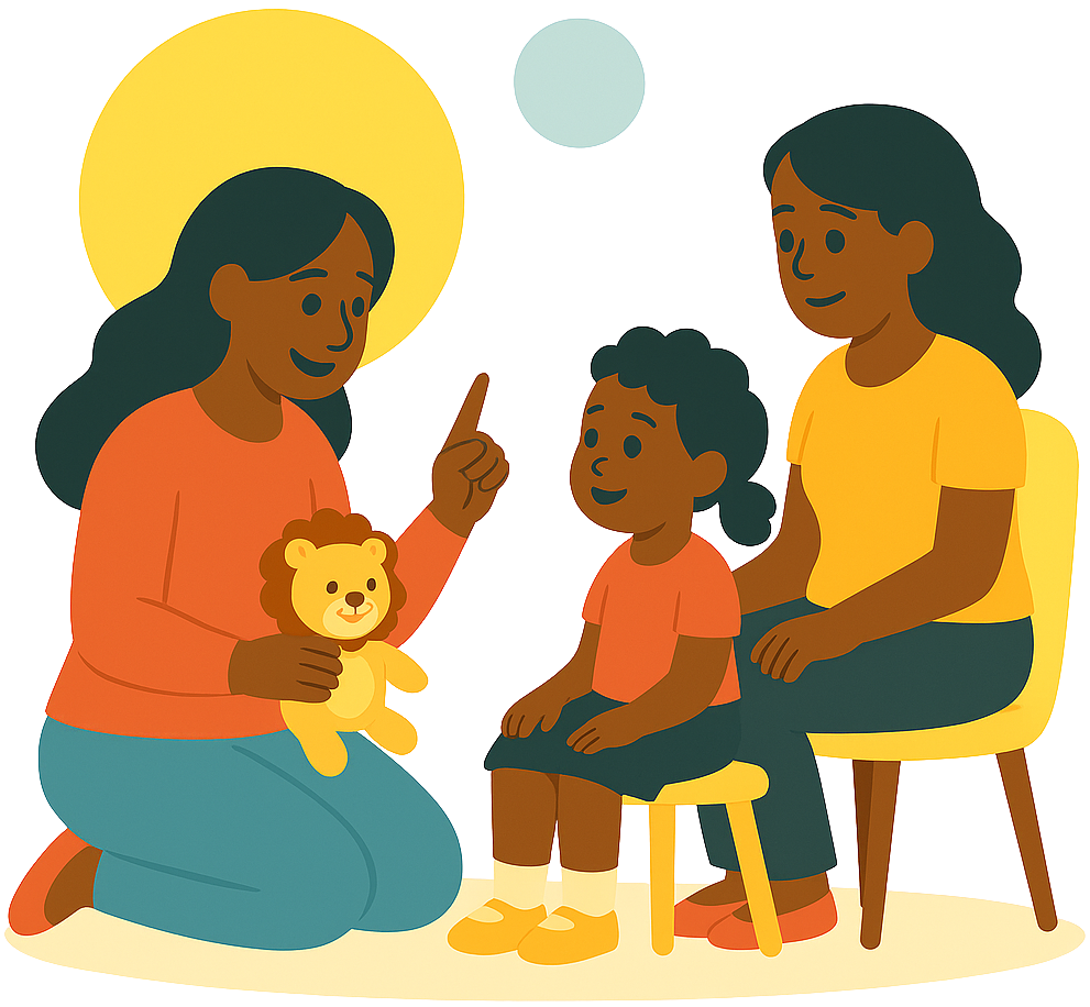Parent Coaching for Speech Therapy in Atlanta - therapist holding plushy while working with a mother and daughter